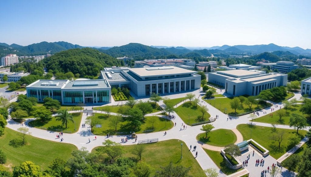 Khuôn viên chính của Đại học quốc gia Gangneung Wonju với kiến trúc hiện đại và cảnh quan xanh mát